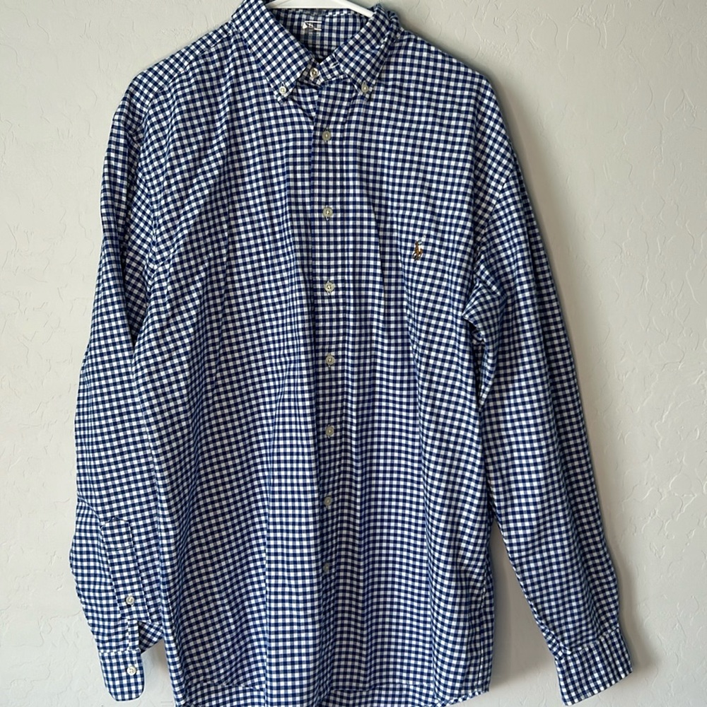 Blue and white polo